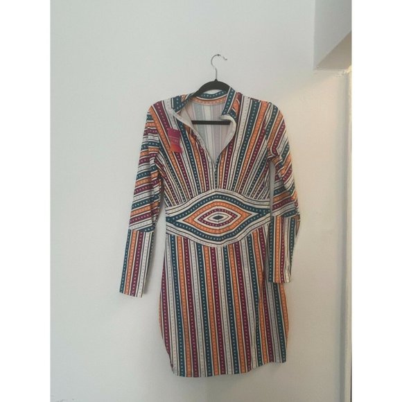 Women’s Mini Dress Multicolor Striped Long Sleeve Collared Zip Closure - Picture 1 of 2